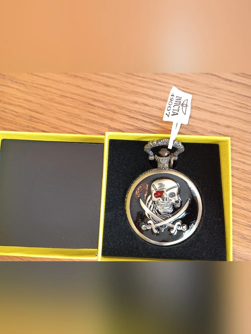 Invicta Skull Pocket Watch with Red Eye Accent. New. With Chain.